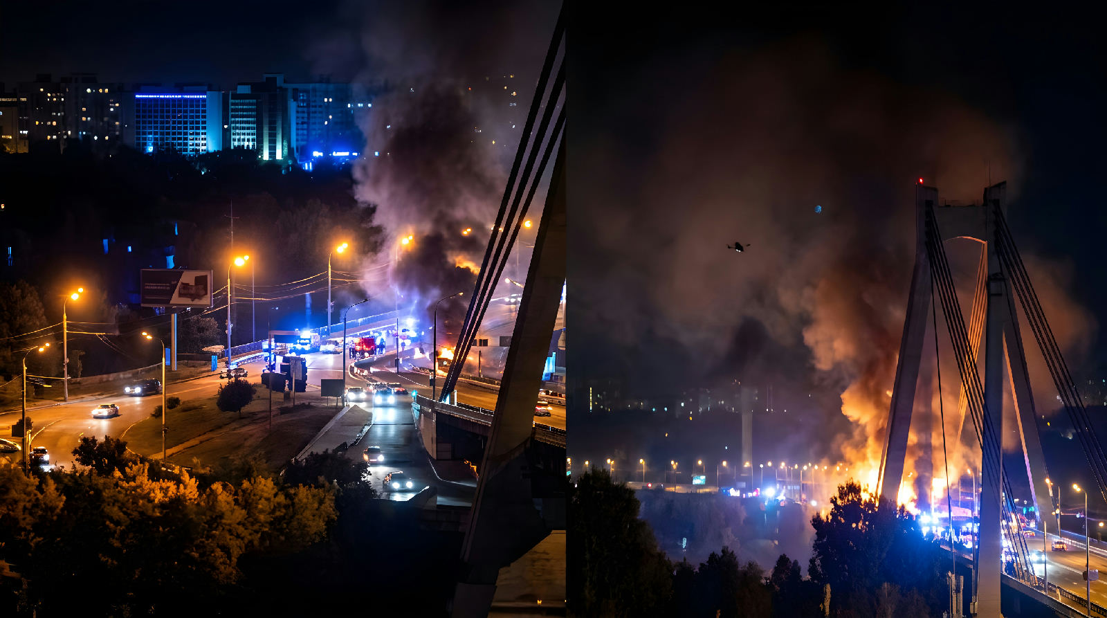 Russisk droneangreb sætter bro i brand i Kyiv